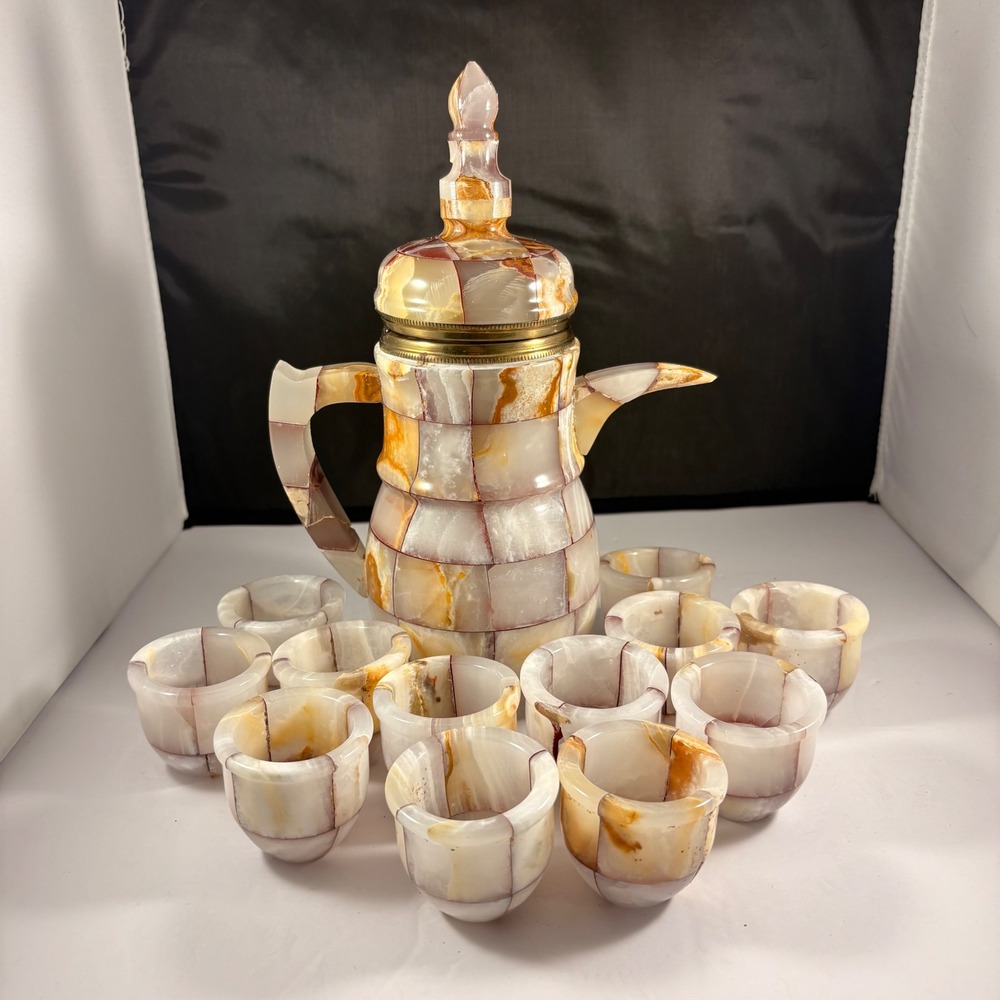 Vintage Onyx Stone Tea Set Coffee Pot & 12 Cups Mid Century Marble Mosaic